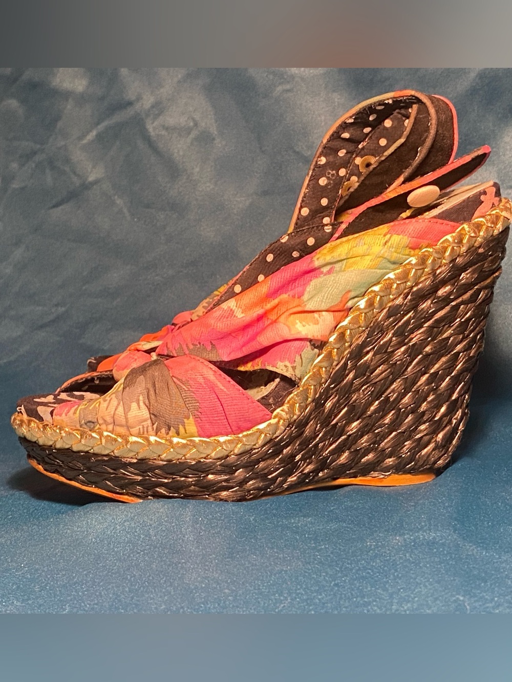 Irregular Choice platform woven wedge sandals,floral fabric twist sling back, 7 - Picture 5 of 12